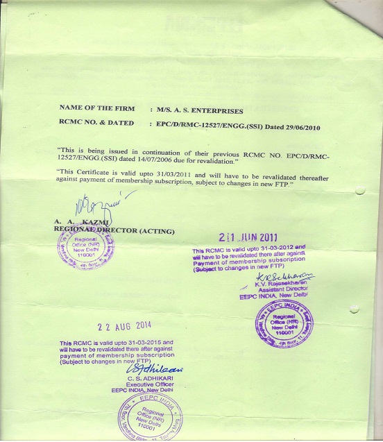 A S Enterprises
 EEPC India Certificate 1